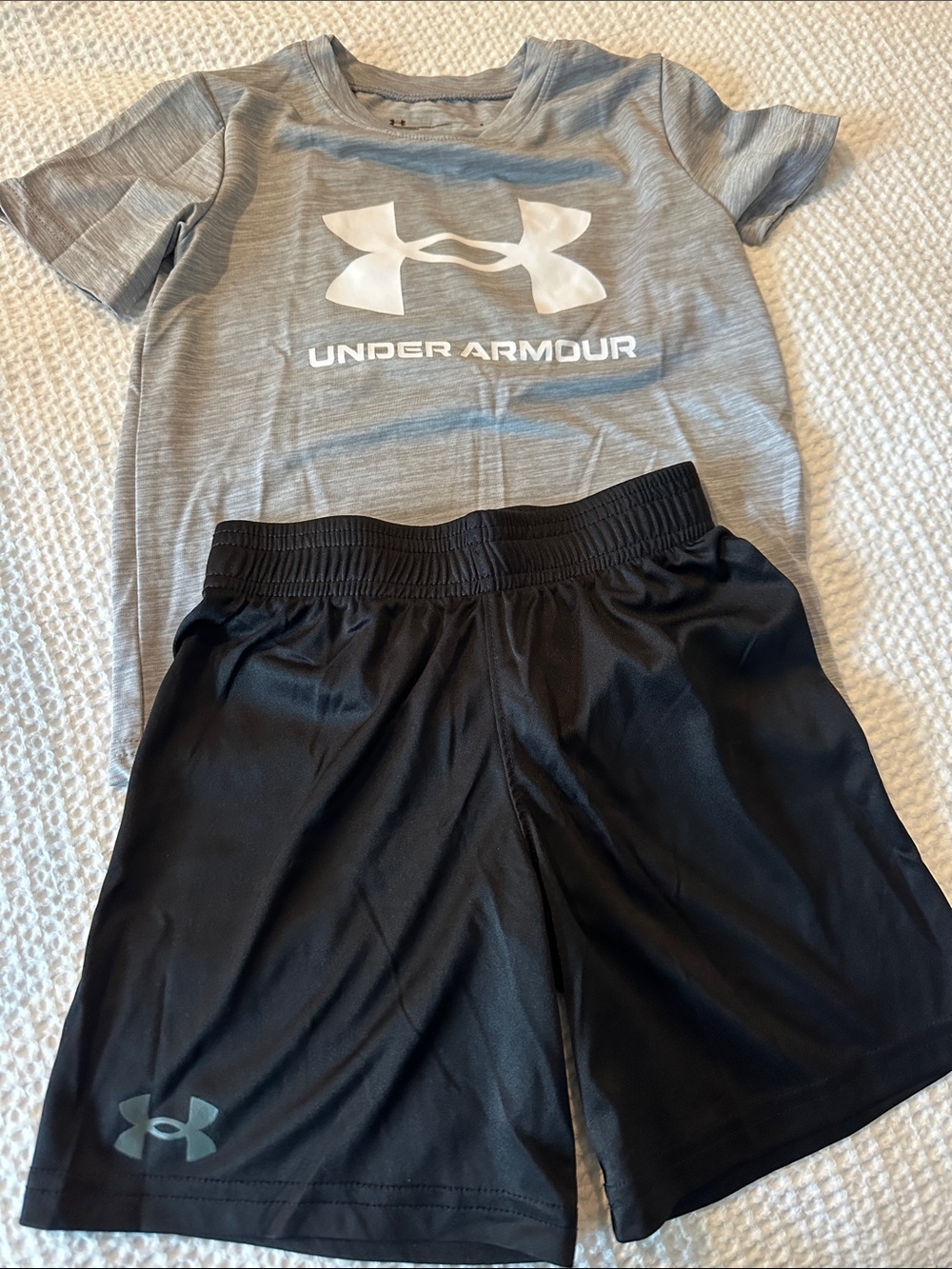 Under Armour Gray Logo Tee with Black Athletic Shorts